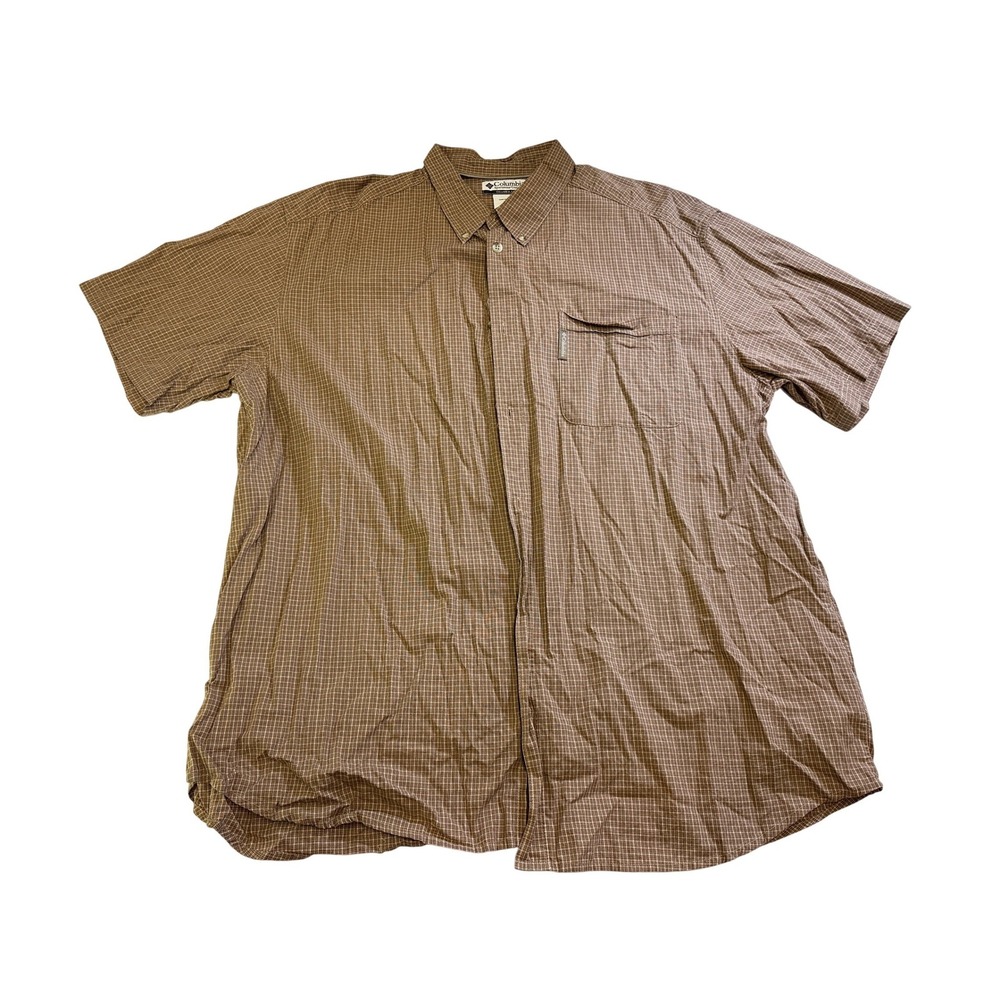 Columbia Mens XXL Brown Micro Plaid Short Sleeve Button Down Shirt AM7636 Cotton